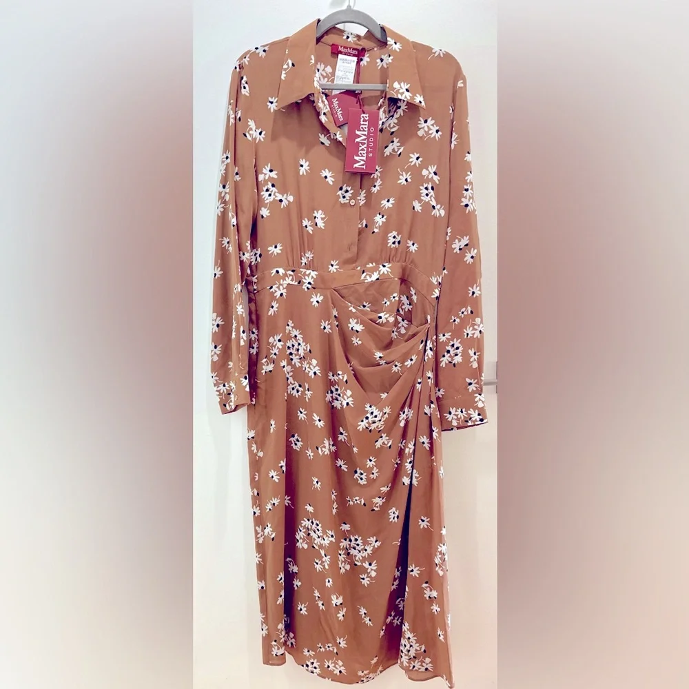 Silk Max Mara Brown Shirt Dress New Never Worn With Tags size 8-10 US - Picture 2 of 6
